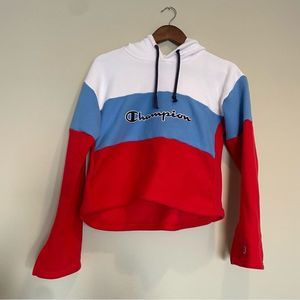 Champion Women’s Red White and Blue Cropped Hoodie Size small.